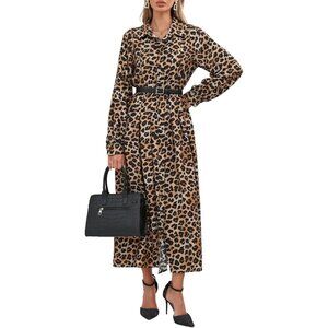Women's Leopard Maxi Dress Long Sleeve Button Down Belt Rayon Casual